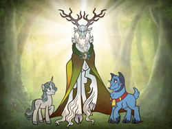 Size: 2048x1536 | Tagged: safe, artist:melspyrose, grogar, star swirl the bearded, oc, oc:avalor the wise, deer, goat, pony, unicorn, g4, bell, forest, grogar's bell, horn, light, nature, tree, younger