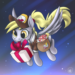 Size: 3070x3070 | Tagged: safe, artist:mysticalpha, derpy hooves, pegasus, pony, g4, alternate hairstyle, bag, cap, christmas, female, flying, hat, high res, holiday, mailbag, mailmare, mare, mouth hold, ponytail, present, solo, spread wings, wings