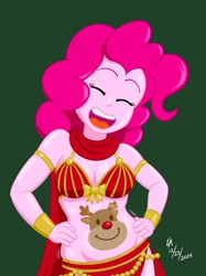 Size: 2048x2732 | Tagged: safe, artist:mayorlight, pinkie pie, human, equestria girls, g4, armlet, belly, belly button, belly dancer, belly dancer outfit, belly jewel, bodypaint, bow, bracer, breasts, christmas, cleavage, digital art, eyes closed, green background, holiday, jewelry, open mouth, open smile, plump, rudolph the red nosed reindeer, simple background, singing belly dancing rainbooms, smiling, veil