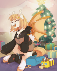 Size: 2000x2500 | Tagged: safe, artist:lionbun, oc, oc:honey milk, bat pony, bee, bat pony oc, christmas, christmas tree, clothes, commission, female, happy, holiday, hoodie, mare, minecraft, minecraft bee, present, tree