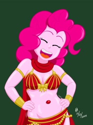 Size: 2048x2732 | Tagged: safe, artist:mayorlight, edit, pinkie pie, human, equestria girls, g4, armlet, belly, belly button, belly dancer, belly dancer outfit, belly jewel, bow, bracer, breasts, christmas, cleavage, digital art, eyes closed, green background, holiday, jewelry, open mouth, open smile, plump, simple background, singing belly dancing rainbooms, smiling, veil