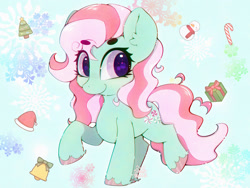 Size: 2048x1536 | Tagged: safe, artist:zokkili, minty, earth pony, pony, g3, abstract background, bell, candy, candy cane, christmas, christmas tree, eye clipping through hair, female, food, hat, holiday, present, raised hoof, raised leg, santa hat, smiling, snow, snowflake, snowman, solo, tree