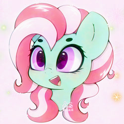 Size: 2048x2048 | Tagged: safe, artist:zokkili, minty, earth pony, pony, g3, bust, female, open mouth, open smile, pink background, portrait, simple background, smiling, snow, snowflake, solo