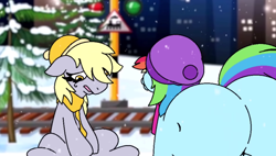 Size: 1126x638 | Tagged: safe, artist:tamers12345, derpy hooves, rainbow dash, pegasus, pony, my little pony the movie: hearth's warming in manehattan, g4, butt, christmas, city, clothes, female, hearth's warming, holiday, looking at someone, looking down, manehattan, mare, night, open mouth, outdoors, railroad, sad, sad pony, scarf, sitting, snow, teary eyes, tree