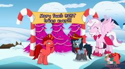 Size: 1024x568 | Tagged: safe, artist:jasperpie, oc, oc:jasper pie, oc:mad munchkin, oc:mary sue, christmas, christmas tree, clothes, cute, dress, fez, hat, holiday, mad munchkin is not amused, mad munchkin's hat, ocbetes, snow, that pony sure does love pink, tree, unamused