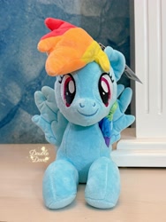 Size: 2694x3592 | Tagged: safe, reesee, rainbow dash, pegasus, pony, g4, official, front view, irl, looking at you, lying down, merchandise, photo, plushie, pony plushie, smiling, solo, spread wings, wings