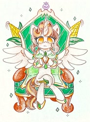 Size: 1932x2632 | Tagged: safe, artist:肝到驾崩, oc, alicorn, anatomically incorrect, corn, crossed legs, food, incorrect leg anatomy, ponies sitting like humans, seat, sitting, traditional art