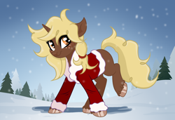 Size: 2396x1639 | Tagged: safe, artist:kitsunee, oc, oc only, oc:kesha, pony, unicorn, christmas, hat, holiday, horn, pony oc, santa hat, snow, snowfall, unicorn oc, winter