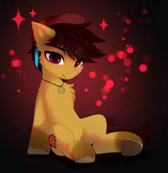 Size: 3435x3550 | Tagged: safe, artist:empress-twilight, oc, oc only, oc:blitz shadow, earth pony, pony, baseball cap, brown coat, cap, chest fluff, coat markings, colored hooves, colored pupils, commission, ear fluff, earth pony oc, eye clipping through hair, eyebrows, eyebrows visible through hair, facial hair, feather, feather in hair, feathered fetlocks, gradient background, gradient legs, gray hooves, hair accessory, hat, high res, hooves, jewelry, leg fluff, looking at you, male, male oc, mane accessory, necklace, pentagram, red eyes, red mane, red pupils, red tail, shoulder fluff, sitting, smiling, smiling at you, socks (coat markings), solo, sparkles, stallion, stallion oc, tail, tan coat, thin, three quarter view, underhoof, ych result