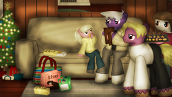 Size: 1920x1080 | Tagged: safe, artist:99999999000, oc, oc only, oc:firearm king, oc:holly stone, oc:susie cotes, oc:wilson cotes, earth pony, pony, brother, brother and sister, christmas, christmas tree, couch, father, female, food, gingerbread (food), gingerbread pony, holiday, male, mother, siblings, sister, snack, tree