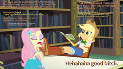 Size: 1192x670 | Tagged: safe, artist:djdjdkdkdkdkdjd, applejack, fluttershy, human, equestria girls, g4, book, indoors, open mouth, tongue out