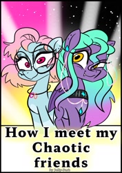 Size: 723x1023 | Tagged: safe, artist:jully-park, oc, oc only, oc:charlotte parker, oc:ella evans, earth pony, pegasus, pony, comic:how i meet my chaotic friends, comic cover, cover, cover art