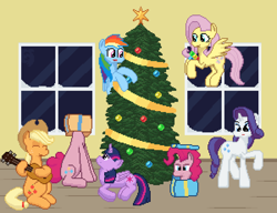 Size: 1800x1380 | Tagged: safe, artist:nitobit, applejack, fluttershy, pinkie pie, rainbow dash, rarity, twilight sparkle, alicorn, earth pony, pegasus, unicorn, g4, christmas, christmas tree, digital art, hearth's warming eve, holiday, horn, mane six, now you're thinking with portals, pixel art, present, tree