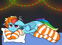 Size: 2048x1509 | Tagged: safe, artist:spookyfoxinc, rainbow dash, pegasus, pony, g4, bed, clothes, fairy lights, floppy ears, onomatopoeia, sleepy, socks, solo, sound effects, striped socks, wings, zzz