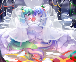 Size: 1700x1390 | Tagged: safe, artist:yaya, oc, oc:ori, oc:string leaf, christmas, clothes, dress, holiday, wedding dress