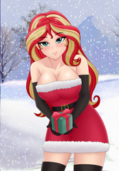 Size: 1276x1843 | Tagged: safe, artist:anonix123, sunset shimmer, human, equestria girls, g4, 2d, breasts, busty sunset shimmer, christmas, christmas outfit, cleavage, female, holiday, mountain, outdoors, present, snow, tree