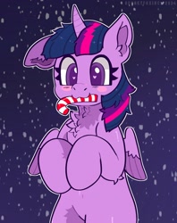 Size: 1576x1989 | Tagged: safe, artist:spookyfoxinc, twilight sparkle, alicorn, pony, g4, bipedal, blush sticker, blushing, candy, candy cane, chest fluff, cute, ear fluff, female, food, halfbody, heart, heart eyes, mare, one ear down, snow, snowfall, solo, twiabetes, twilight sparkle (alicorn), wingding eyes