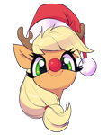 Size: 1800x2275 | Tagged: safe, artist:aquaticvibes, applejack, earth pony, pony, g4, antlers, bust, christmas, cute, female, hat, holiday, jackabetes, mare, portrait, red nose, reindeer antlers, santa hat, simple background, smiling, solo, transparent background