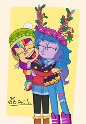 Size: 714x1024 | Tagged: safe, artist:garybaldor, izzy moonbow, sunny starscout, human, equestria girls, g4, g5, boots, christmas, clothes, coat, cute, denim, denim shorts, duo, duo female, equestria girls-ified, eyebrows, eyebrows visible through hair, eyes closed, fake antlers, female, floral head wreath, flower, g5 to equestria girls, g5 to g4, generation leap, hat, holiday, hug, jeans, kissing, leggings, lesbian, mane stripe sunny, mistletoe, pants, ripped pants, scarf, ship:moonscout, shipping, shoes, shorts, signature, smiling, socks, torn clothes, winter hat, winter outfit