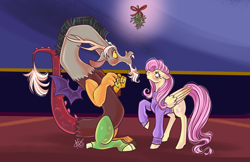 Size: 5100x3300 | Tagged: safe, artist:ashley-the-muffin, discord, fluttershy, draconequus, pegasus, pony, g4, blushing, clothes, duo, female, looking up, male, mare, mistletoe, ship:discoshy, shipping, signature, straight, sweater