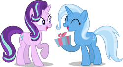 Size: 7229x3954 | Tagged: safe, artist:creedyboy124, starlight glimmer, trixie, pony, unicorn, g4, base used, female, gift giving, happy, horn, lesbian, mare, present, ship:startrix, shipping, simple background, transparent background, vector