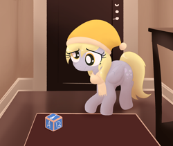 Size: 1900x1600 | Tagged: safe, artist:algoatall, derpy hooves, pegasus, pony, my little pony the movie: hearth's warming in manehattan, g4, blocks, clothes, concerned, door, female, hat, indoors, looking at something, mare, scarf, scene interpretation, solo, toy, winter hat