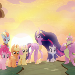 Size: 1000x1000 | Tagged: safe, edit, edited screencap, screencap, applejack, fluttershy, pinkie pie, rainbow dash, rarity, spike, twilight sparkle, alicorn, dragon, pony, g4, my little pony: friendship is magic, the last problem, alicorn six, applecorn, fluttercorn, gigachad spike, good end, mane seven, mane six, multicolored hair, older, older applejack, older fluttershy, older mane seven, older mane six, older pinkie pie, older rainbow dash, older rarity, older spike, older twilight, older twilight sparkle (alicorn), outdoors, pinkiecorn, princess twilight 2.0, rainbow hair, rainbowcorn, raricorn, twilight sparkle (alicorn), what if, what should have happened