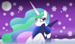 Size: 10053x5954 | Tagged: safe, artist:anime-equestria, princess celestia, princess luna, alicorn, g4, duo, female, horn, hug, moon, night, smiling, snow, snowflake, wings