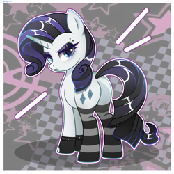 Size: 2048x2048 | Tagged: safe, artist:scarffist, derpibooru exclusive, rarity, pony, unicorn, g4, alternate hairstyle, base used, blue eyes, clothes, cute, emo, eyebrow piercing, eyelashes, eyeshadow, gloves, goth, horn, long hair, long mane, long tail, makeup, piercing, serious, serious face, socks, solo, stockings, striped socks, tail, thigh highs