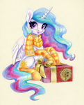 Size: 1212x1500 | Tagged: safe, artist:maytee, princess celestia, alicorn, pony, g4, box, christmas, clothes, holiday, present, scarf, sitting, smiling, socks, striped scarf, striped socks, traditional art