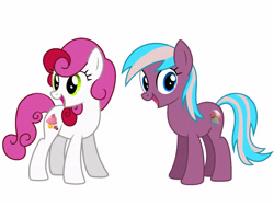 Size: 4096x3095 | Tagged: safe, artist:meghan12345, strawberry surprise (g3), sunshower (g3), earth pony, pony, g3, g4, blue eyes, duo, duo female, female, g3 to g4, generation leap, green eyes, looking back, mare, open mouth, open smile, recolor, rotated head, simple background, smiling, standing, white background