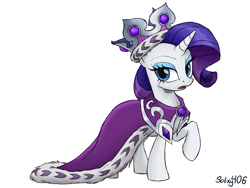 Size: 1600x1200 | Tagged: safe, artist:solixy406, princess platinum, rarity, pony, unicorn, g4, cape, clothes, crown, female, horn, jewelry, mare, raised hoof, regalia, signature, simple background, solo, white background