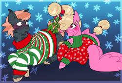 Size: 1488x1004 | Tagged: safe, artist:greenarsonist, oc, oc only, oc:chuckle, oc:gold rush, earth pony, pegasus, pony, blushing, christmas, christmas sweater, clothes, earth pony oc, female, hearth's warming, holiday, lesbian, mistletoe, pegasus oc, ponytail, sweater, tattoo, trans female, transgender, transgender oc, unshorn fetlocks, wings