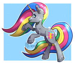 Size: 3088x2616 | Tagged: safe, artist:mitexcel, oc, oc only, pony, unicorn, blue eyes, digital art, golden horn, horn, multicolored mane, multicolored tail, retrogeek crafts, silver coat, solo, tail