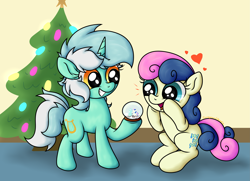 Size: 3683x2666 | Tagged: safe, artist:background basset, bon bon, lyra heartstrings, sweetie drops, earth pony, pony, unicorn, g4, christmas, christmas tree, duo, female, heart, holiday, horn, lesbian, open mouth, ship:lyrabon, shipping, sitting, smiling, snow globe, tree