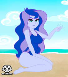 Size: 875x1000 | Tagged: safe, artist:theminus, princess luna, vice principal luna, human, equestria girls, g4, barefoot, beach, breasts, clothes, cloud, feet, female, kneeling, lipstick, looking at you, male, one-piece swimsuit, outdoors, principal and student, sand, sitting, sky, smiling, smiling at you, snapping, solo, straight, swimsuit, watermark