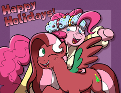 Size: 2480x1900 | Tagged: safe, artist:queertrixie, pinkie pie, spirit of hearth's warming presents, oc, oc:mistletoe kisses, g4, clothes, colored wings, duo, headband, sparkles, sparkly wings, three toned mane, two toned wings, wings