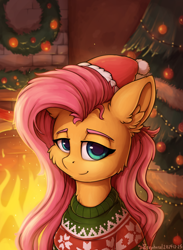 Size: 1000x1363 | Tagged: safe, artist:zeepheru, fluttershy, pegasus, pony, g4, christmas, christmas lights, christmas sweater, christmas tree, clothes, female, fire, fireplace, hat, holiday, santa hat, smiling, solo, sweater, tree