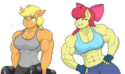 Size: 4344x2577 | Tagged: safe, artist:matchstickman, apple bloom, applejack, anthro, apple brawn, applejack is not amused, applejacked, breasts, clothes, duo, female, fingerless gloves, frown, gloves, hand on hip, muscles, muscular female, simple background, smug, sports bra, sweat, tank top, taunting, unamused, weights, white background