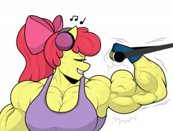 Size: 2202x1673 | Tagged: safe, artist:matchstickman, apple bloom, anthro, apple brawn, bicep, clothes, eyes closed, grin, headphones, muscles, music notes, simple background, smiling, solo, sports bra, sweat, white background, workout