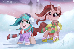 Size: 2400x1600 | Tagged: safe, artist:swasfews, oc, oc only, earth pony, unicorn, canterlot castle, clothes, duo, earmuffs, earth pony oc, guard armor, horn, jacket, looking up, scarf, snow, unicorn oc