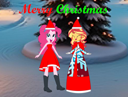 Size: 5470x4160 | Tagged: safe, artist:cartoonmasterv3, pinkie pie, sunset shimmer, human, equestria girls, g4, caroling, christmas, christmas 2024, clothes, costume, dress, gown, hat, holiday, humanized, long dress, long skirt, santa claus, santa costume, santa hat, skirt, victorian, victorian dress