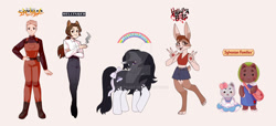 Size: 1920x875 | Tagged: safe, artist:kapustkart, oc, oc only, cat, human, pony, rabbit, unicorn, anthro, animal, bag, beige background, belt, boots, bow, cigarette, clothes, deviantart watermark, eared humanization, female, furry, furry oc, grin, helltaker, helluva boss, horn, human oc, humanized, mare, markings, neon genesis evangelion, non-mlp oc, obtrusive watermark, open mouth, overalls, pants, peace sign, shirt, shoes, simple background, skirt, smiling, smoke, smoking, style emulation, sweater, tail, tail bow, tank top, watermark