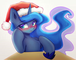 Size: 1189x935 | Tagged: safe, artist:chaosangeldesu, princess luna, alicorn, pony, g4, blushing, blushing profusely, christmas, crown, cute, hat, holiday, jewelry, looking at you, regalia, santa hat, solo