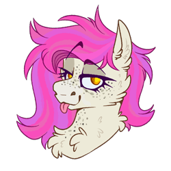 Size: 2300x2300 | Tagged: safe, artist:molars, oc, oc only, oc:molars, pegasus, colored, flat colors, freckles, lidded eyes, looking at you, pink mane, simple background, solo, tongue out, transparent background, yellow eyes