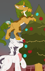 Size: 2255x3503 | Tagged: safe, artist:beardie, oc, oc only, oc:eldorada, oc:yiazmat, kirin, unicorn, christmas, christmas tree, couple, duo, female, holiday, horn, husband and wife, indoors, kirin oc, male, oc x oc, shipping, tree, unicorn oc, yiarada