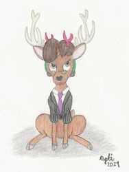 Size: 837x1116 | Tagged: safe, artist:opti, oc, oc only, oc:fair use, deer, deer pony, hybrid, original species, antlers, christmas, headband, hearth's warming, holiday, reindeer antlers, sitting, solo, traditional art, unamused