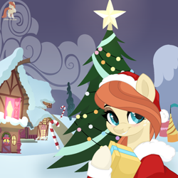 Size: 2500x2500 | Tagged: safe, artist:r4hucksake, oc, oc:frazzle, pony, blushing, christmas, christmas tree, hat, holiday, santa hat, solo, tree