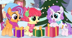 Size: 2048x1085 | Tagged: safe, artist:lovinglypromise, apple bloom, scootaloo, sweetie belle, pony, g4, alternate design, christmas, christmas tree, cutie mark crusaders, holiday, present, tree