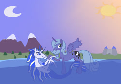 Size: 2048x1420 | Tagged: safe, artist:silverfishv9, princess luna, oc, oc:azure star (silverfishv9), alicorn, pony, siren, unicorn, g4, blue eyes, blue fur, blue mane, blush lines, blushing, castle, cutie mark, dream, female, gem, green eyes, highlights, horn, implied incest, implied shipping, magical lesbian spawn, mare, moon, mother and child, mother and daughter, mountain, mountain range, offspring, parent and child, parent:princess celestia, parent:princess luna, parents:princest, product of incest, s1 luna, siren gem, siren oc, sirenified, species swap, sun, unicorn oc, water